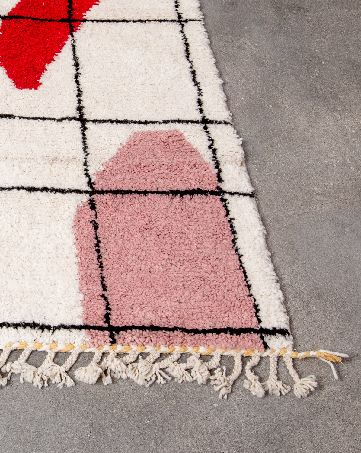 Modern, designer, handcrafted Berber rug from Morocco. Beniourain carpet with beautiful colours and patterns and fluffy wool texture.